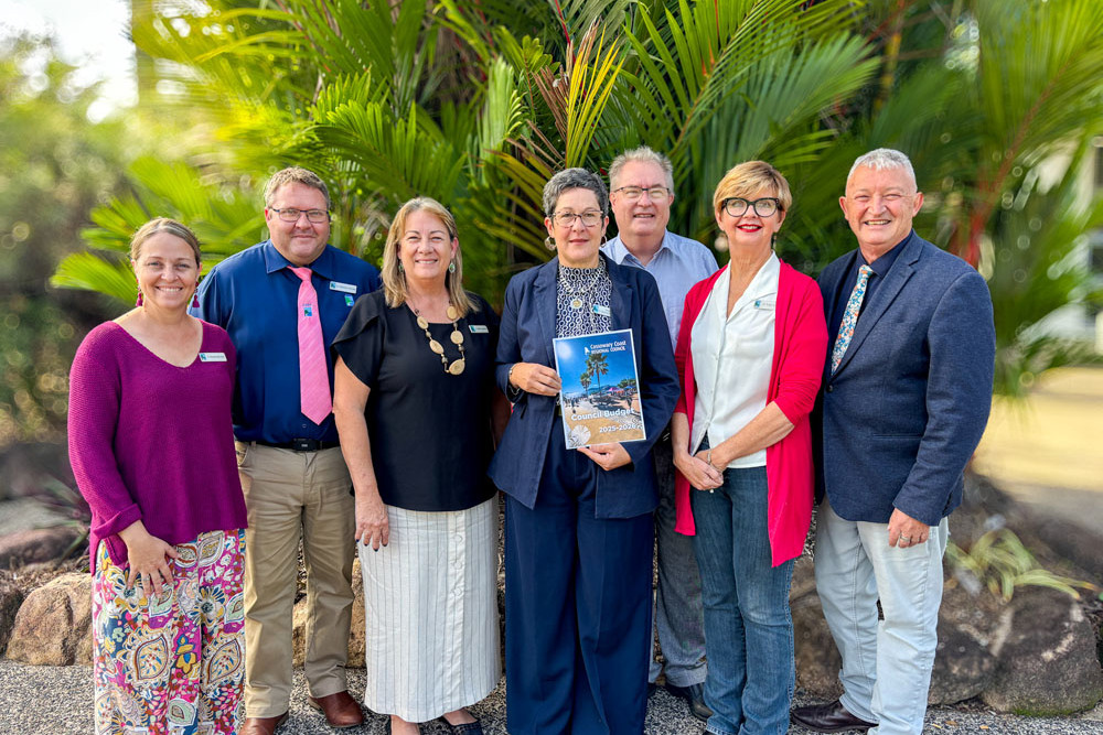 Mayor Teresa Millwood (centre) presents the Cassowary Coast 2025/26 budget with (from left) Cr Renee McLeod, Cr Nicholas Pervan, Cr Ellen Jessop, Cr Chris Littlemore, Cr Trudy Tschui and Cr Jeff Baines. Picture: Supplied